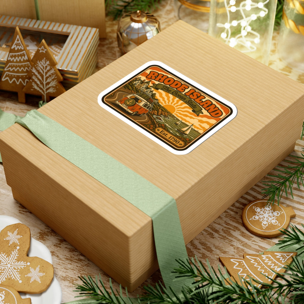 Rhode Island sticker on ribboned gift box, camper van sunset scene, Est. 1790
