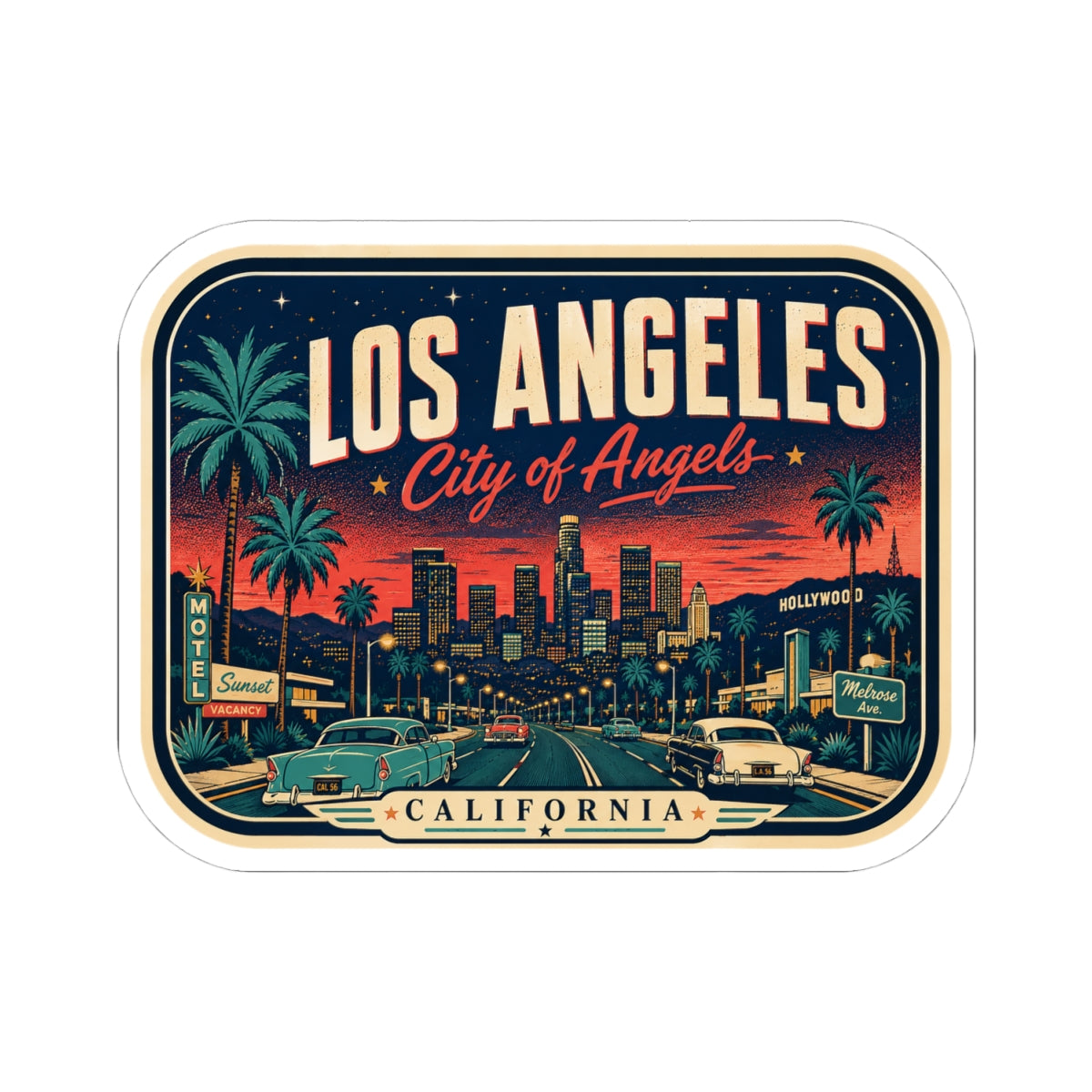 Luggage tag sticker with Los Angeles lettering, “City of Angels,” and California banner