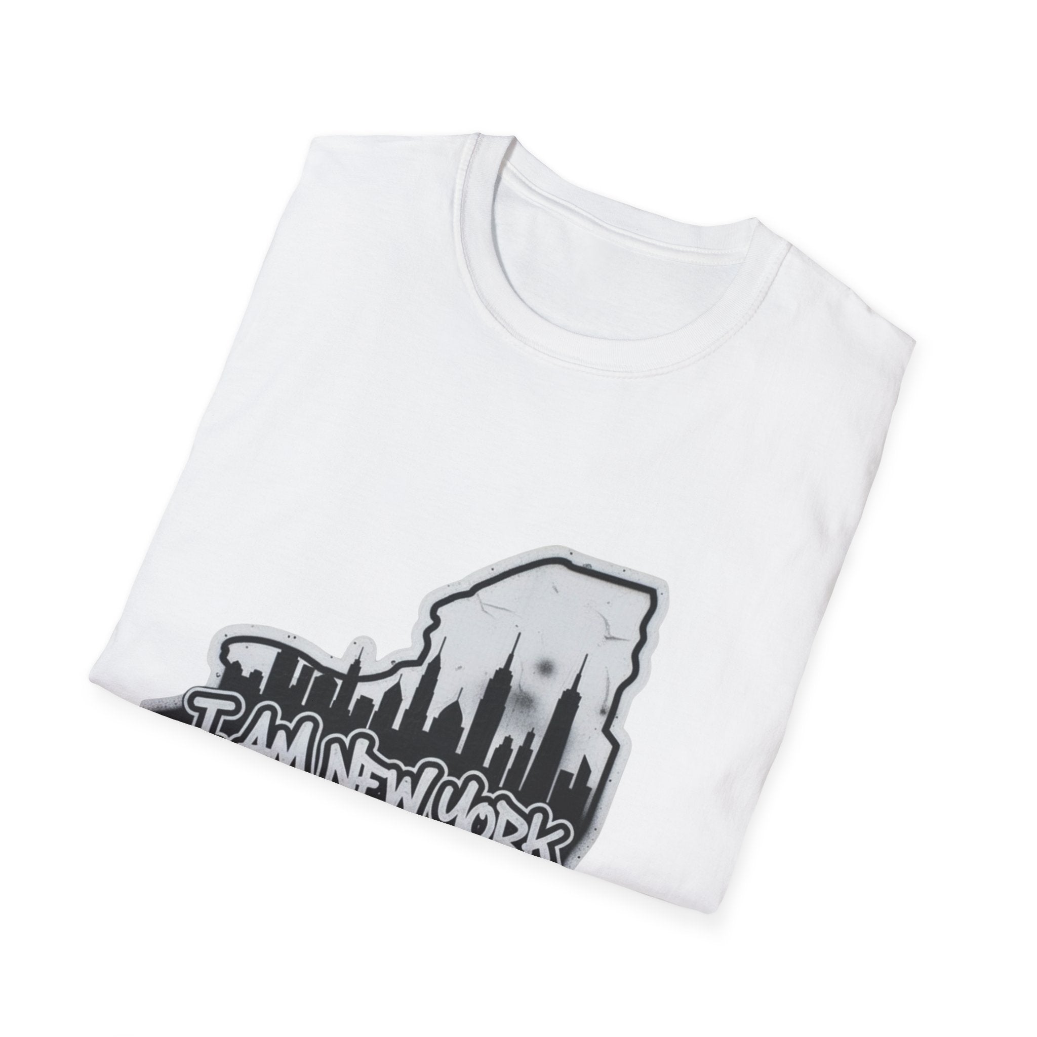 White T-shirt with I AM NEW YORK graffiti skyline print across the front