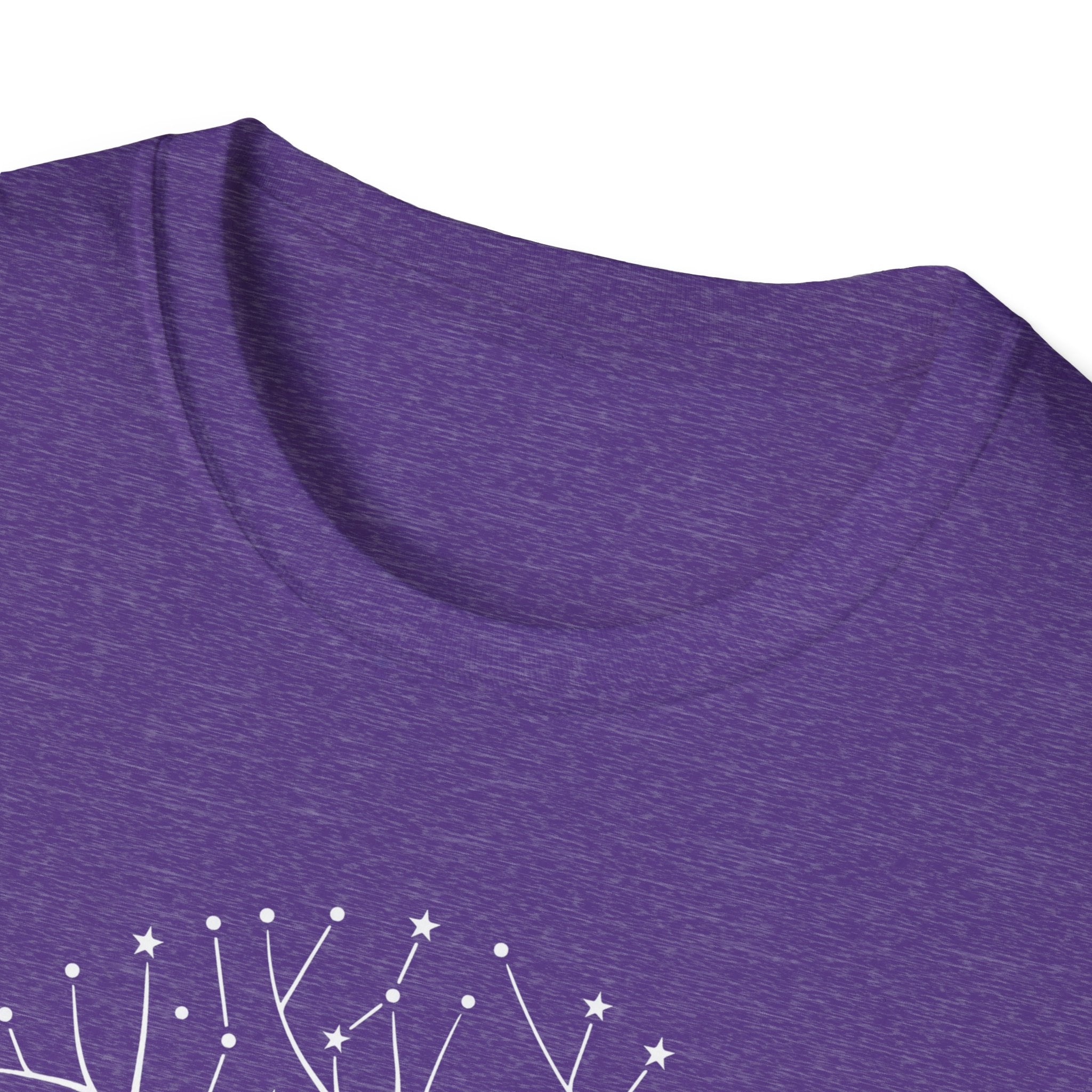 Purple T-shirt neckline close-up with white starry tree roots graphic edge