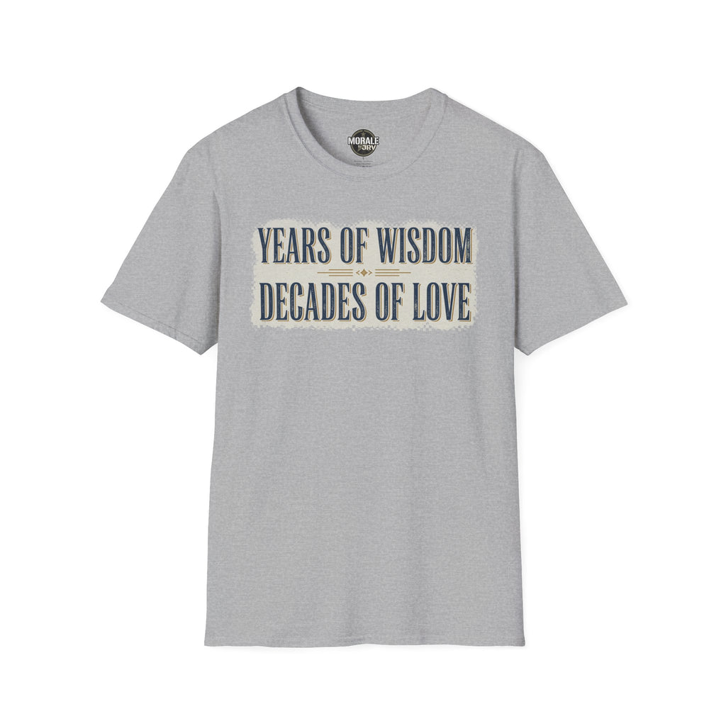 Sport grey T-shirt with "YEARS OF WISDOM" and "DECADES OF LOVE" front print