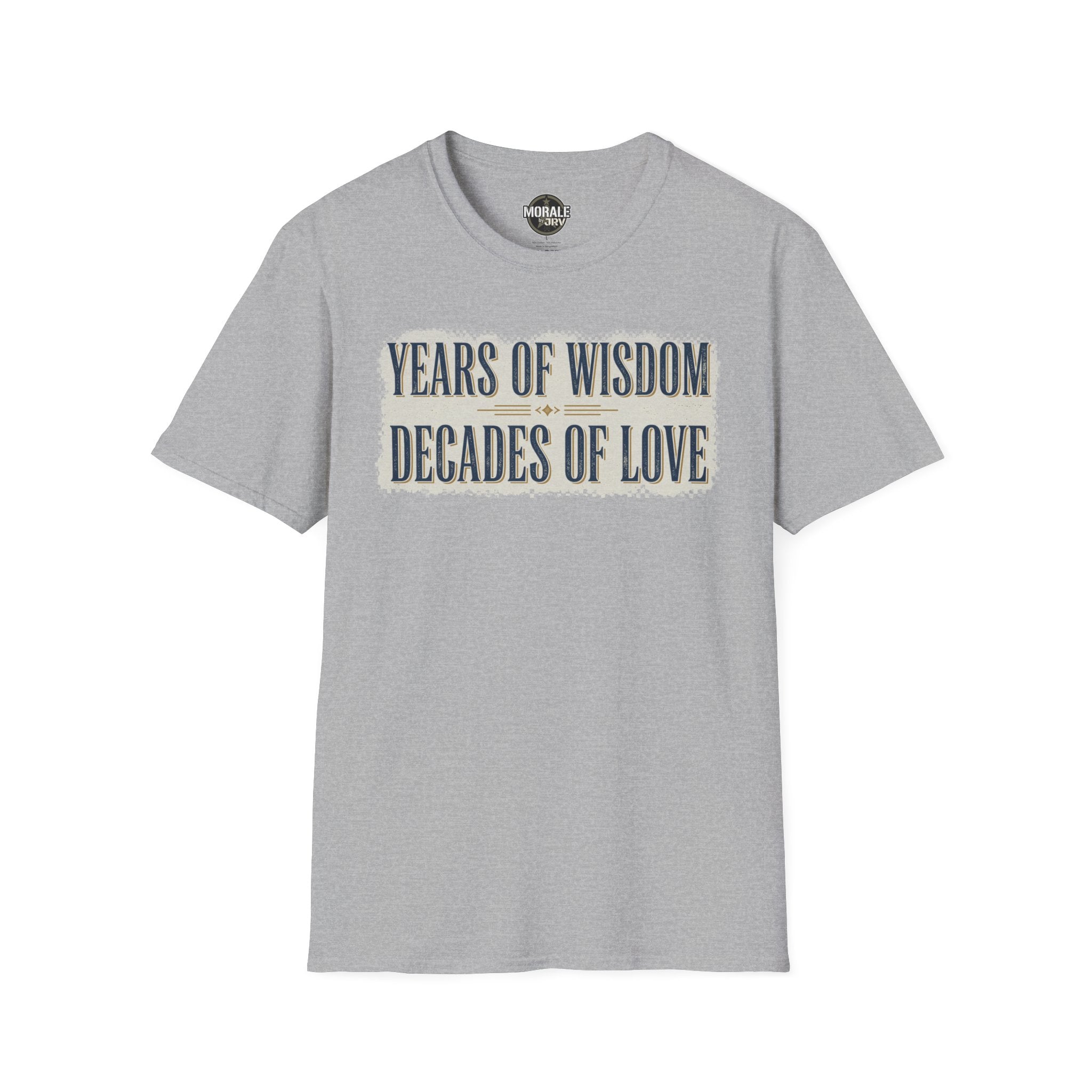 Sport grey t-shirt featuring “YEARS OF WISDOM / DECADES OF LOVE” lettering