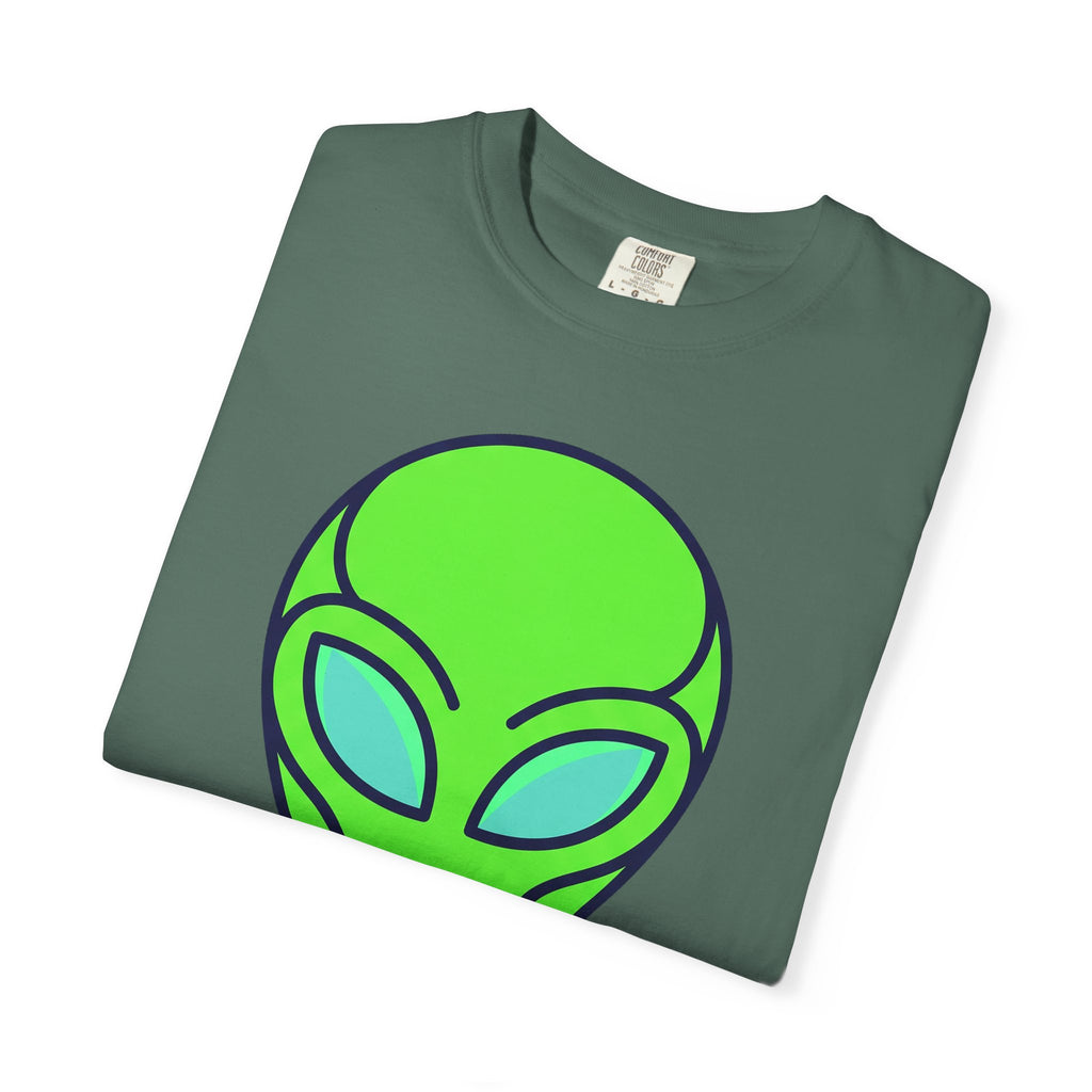 Olive green T-shirt with neon alien face graphic