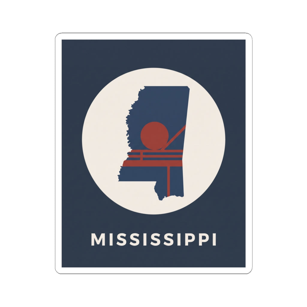 Navy square kiss-cut sticker with white circle, Mississippi silhouette, retro red sun graphic