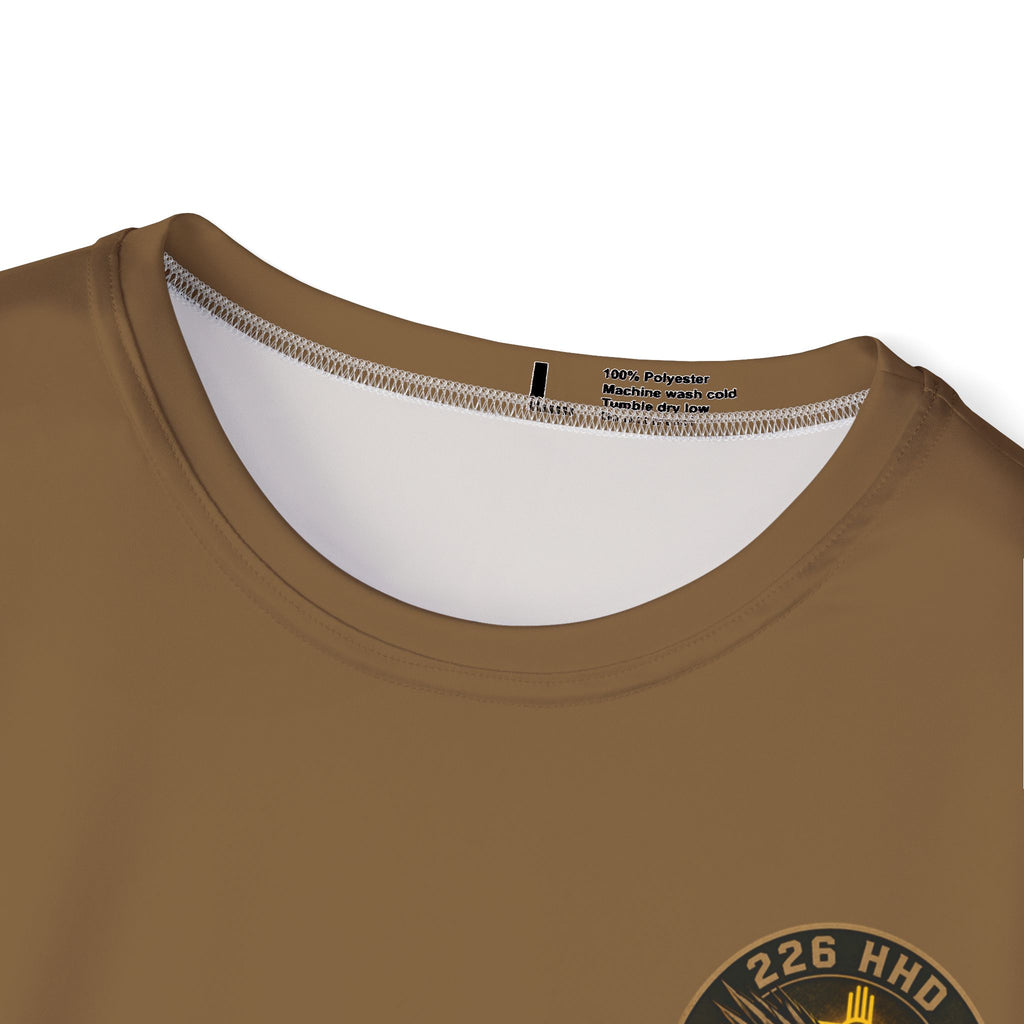Brown crew-neck jersey closeup with inner 100% polyester care label