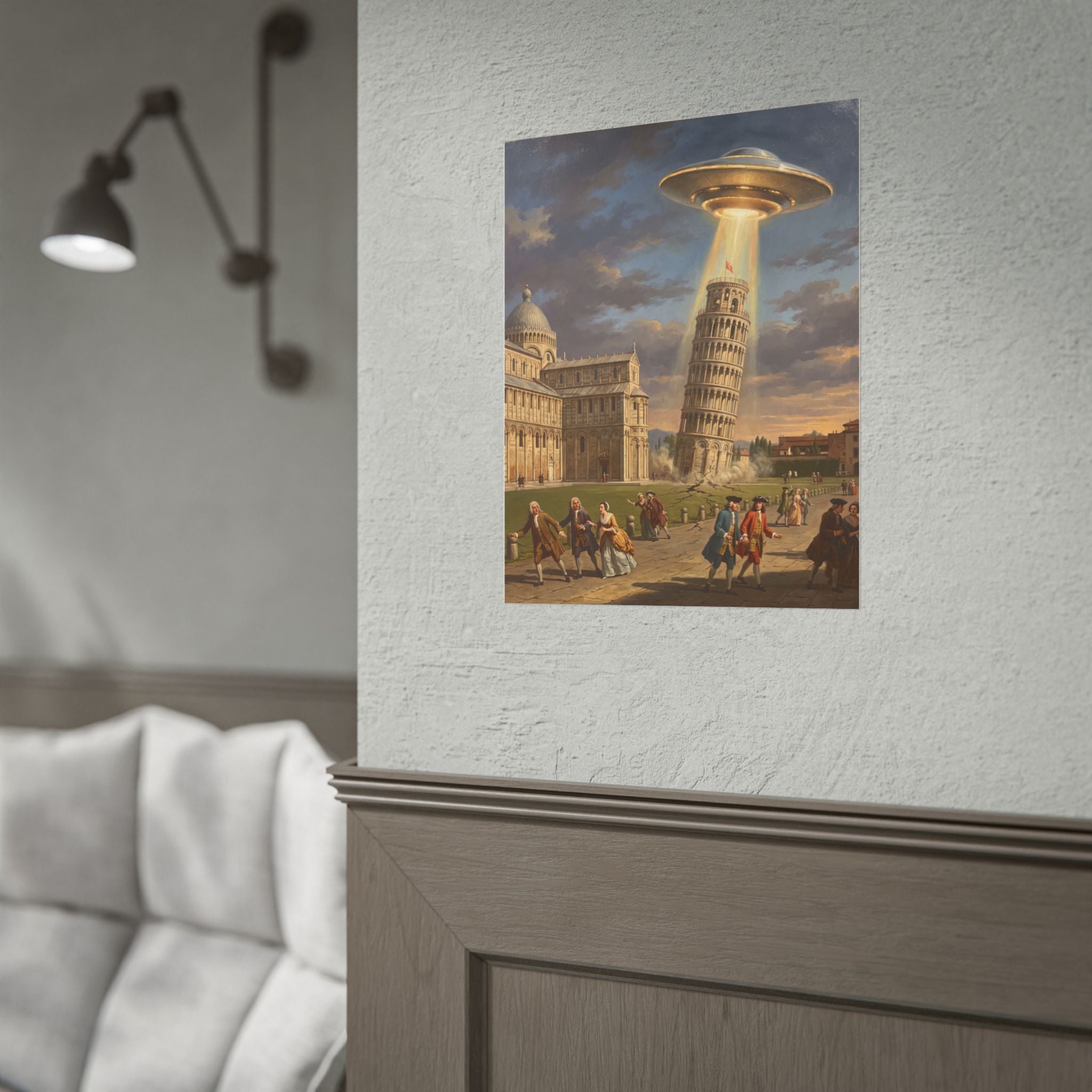Poster mounted on wall featuring UFO hovering over Leaning Tower and people in street scene