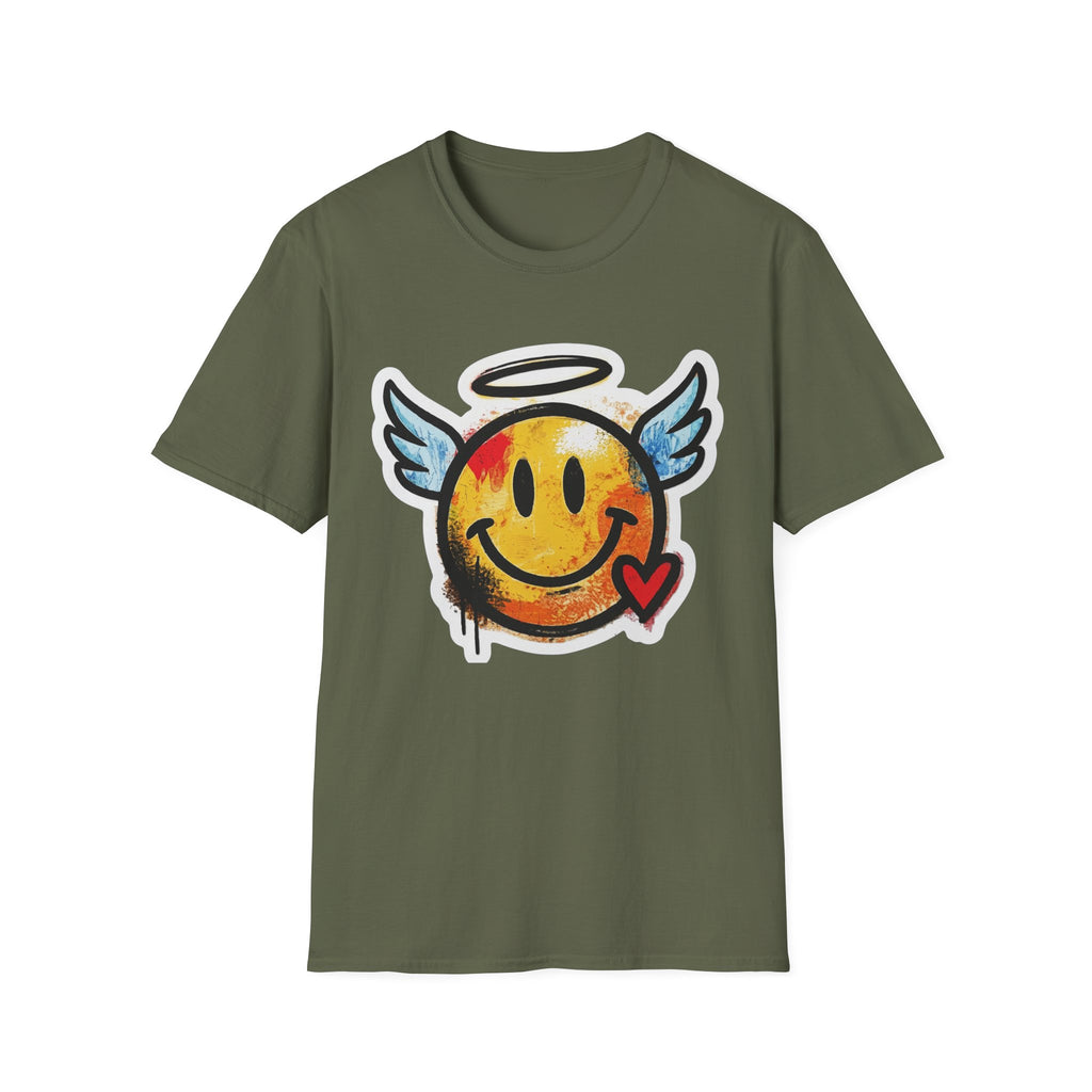 Graffiti Angel Smiley T-Shirt (Military Green): Smiley mit Engelsflügeln und Herz