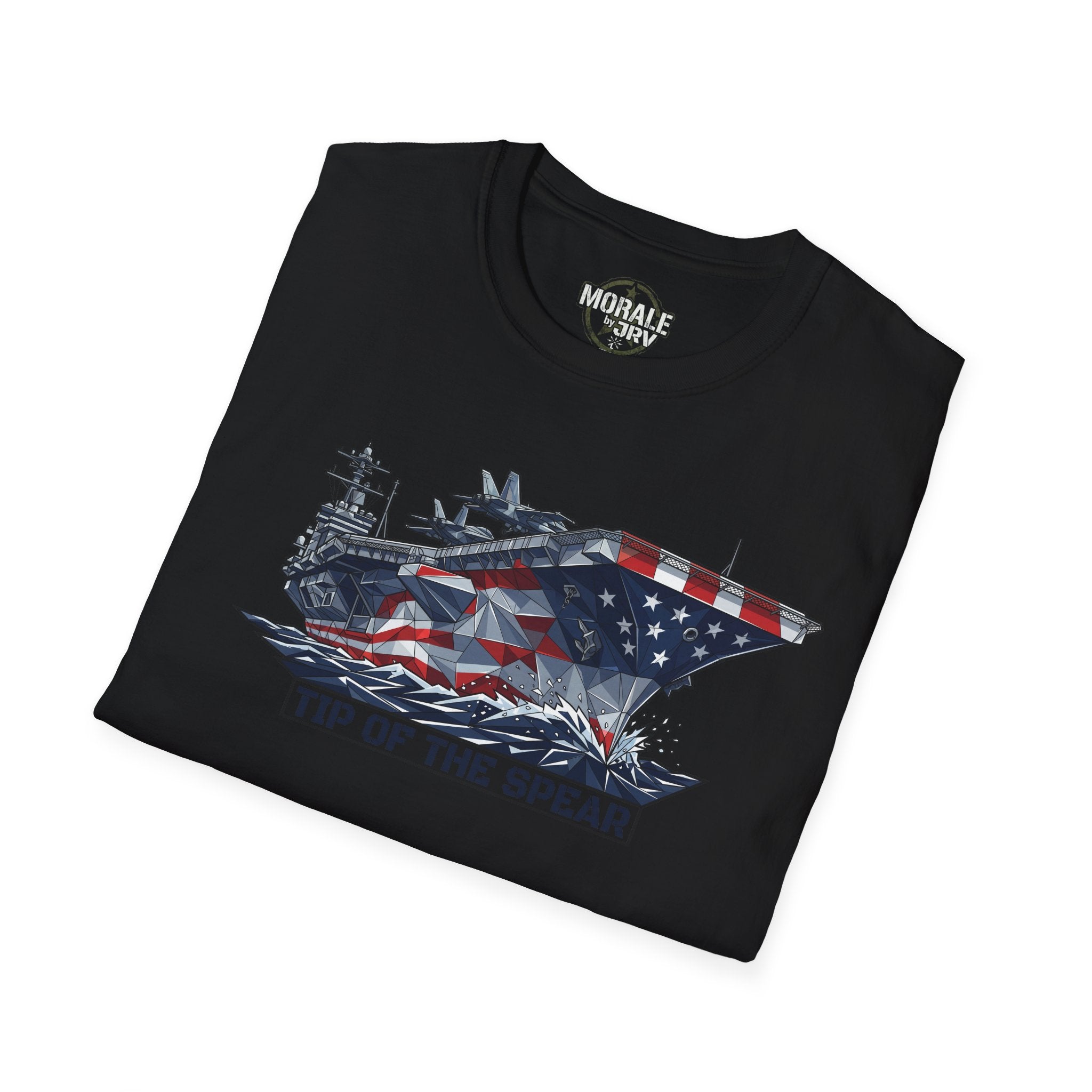 Black aircraft carrier T-shirt with American flag ship graphic and 'Tip of the Spear'