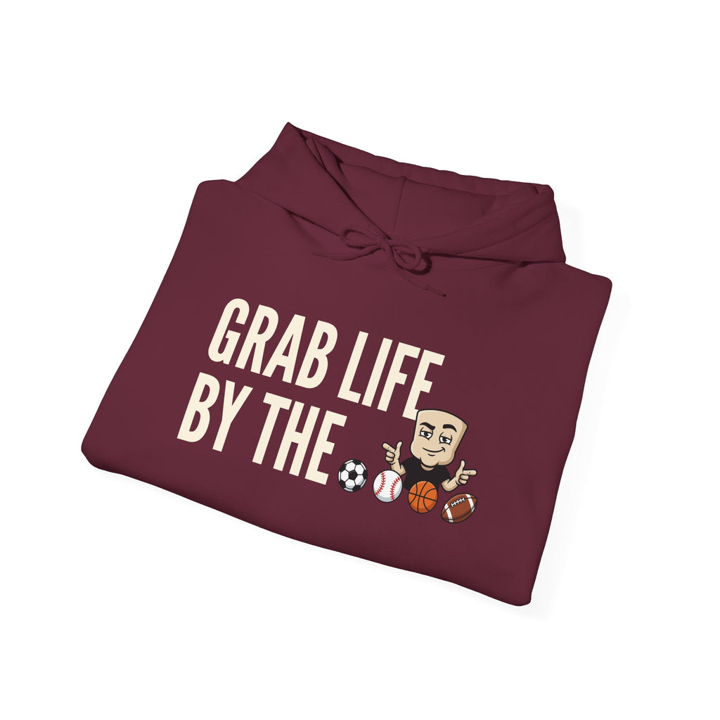 Grab Life By The Balls Hoodie | Funny Sports Ball Graphic Adult Humor Sweatshirt Gift
