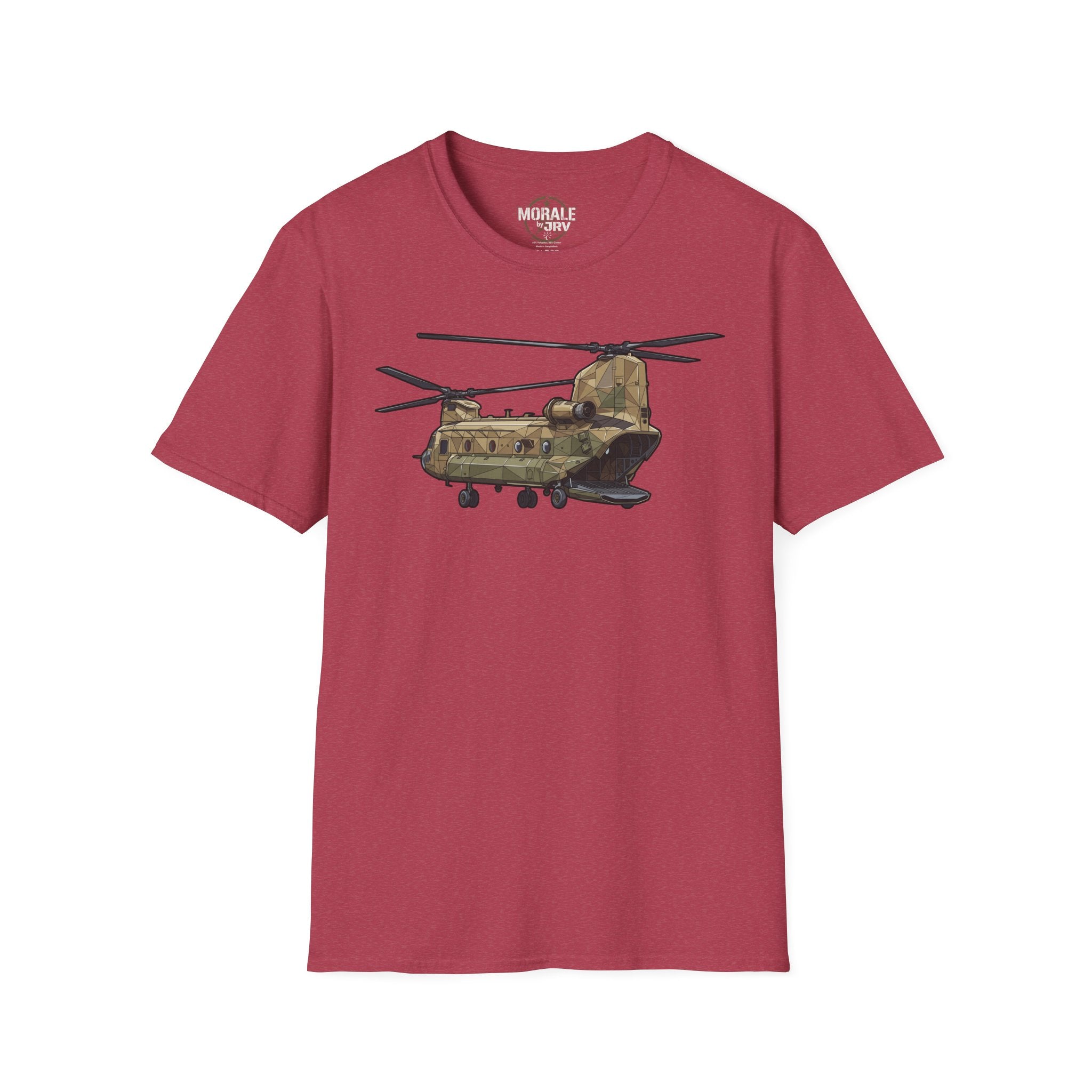 CH-47 T-shirt burgundy with tan/green military helicopter graphic centered
