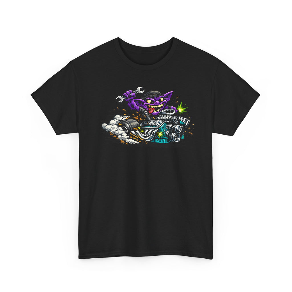 Purple Grinning Cat Biker Tee | Retro Cartoon Motorcycle Graphic T-Shirt, Unisex Streetwear Gift