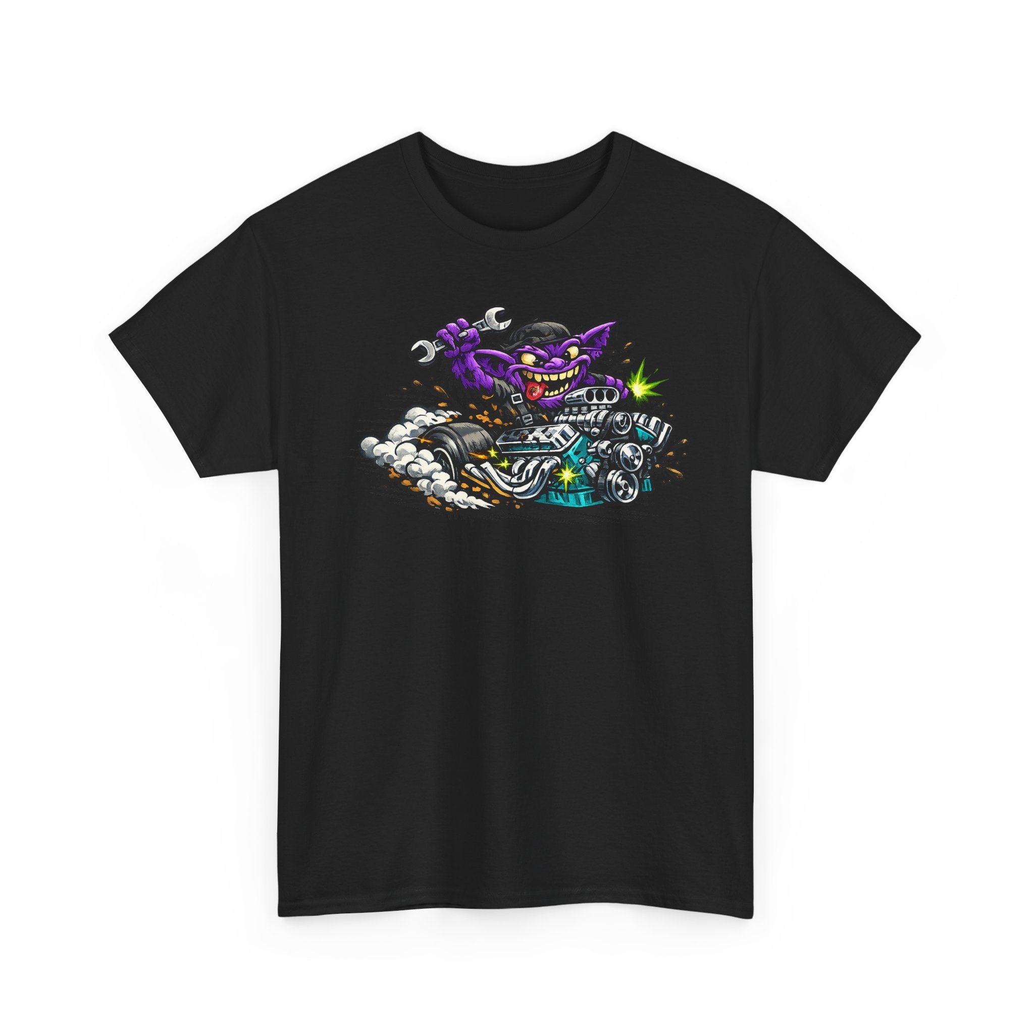 Purple Grinning Cat Biker Tee | Retro Cartoon Motorcycle Graphic T-Shirt, Unisex Streetwear Gift