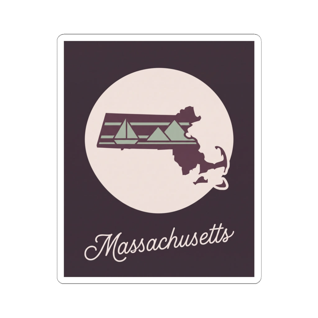 Square Massachusetts sticker with state silhouette logo and cursive 'Massachusetts' text