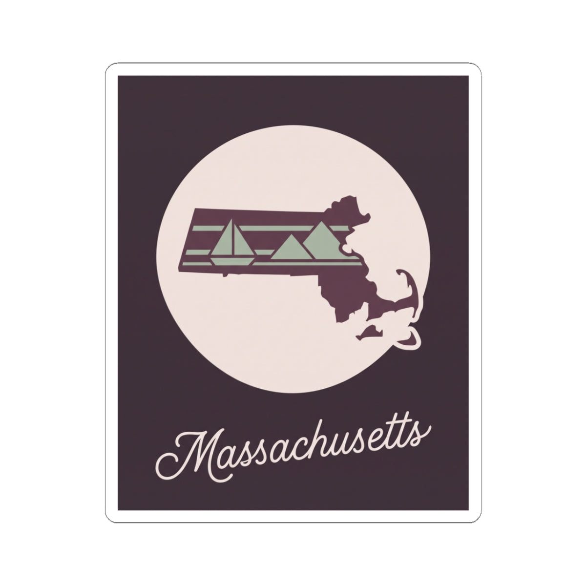Square Massachusetts sticker with state silhouette logo and cursive 'Massachusetts' text