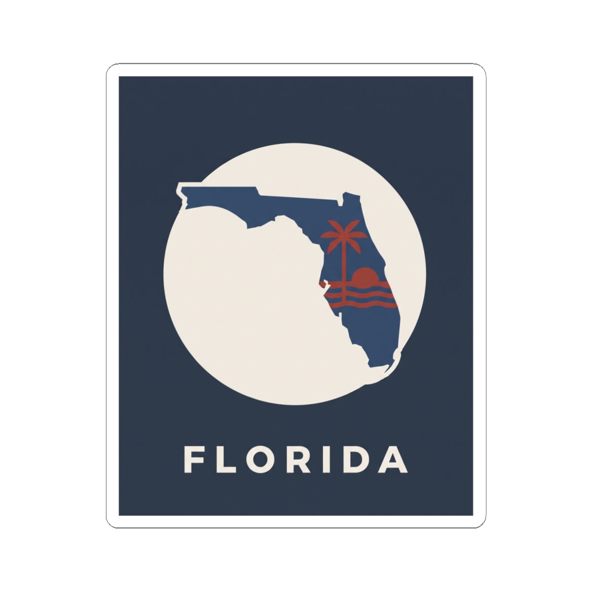 Square blue Florida sticker showing Florida outline with red palm tree, 'FLORIDA' lettering