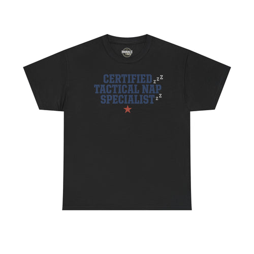 Black crewneck tee with 'Certified Tactical Nap Specialist' print