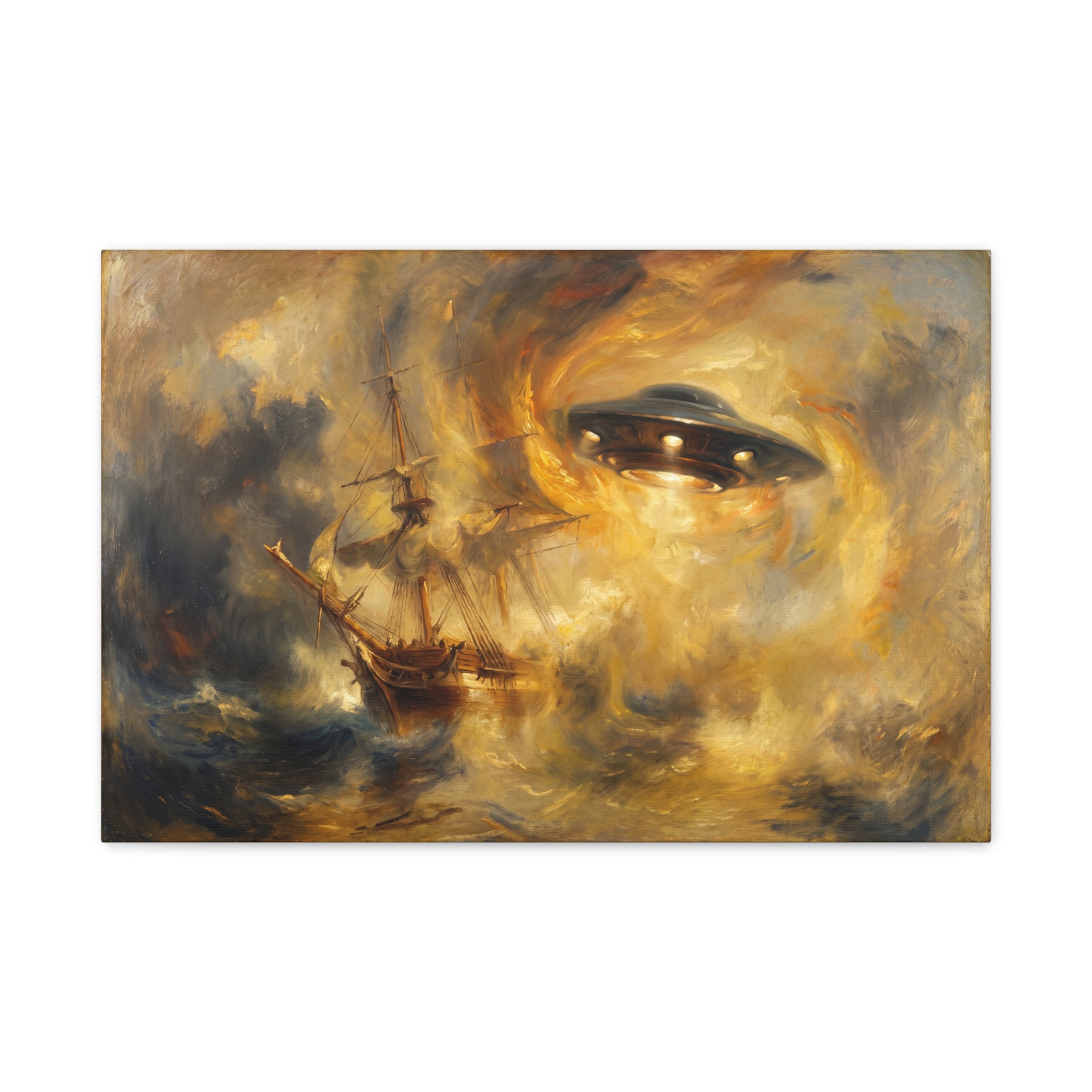 Glowing UFO eye over stormy sailboat on golden-gray canvas, ships and smoke detail
