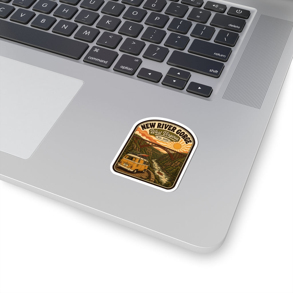 Square kiss-cut sticker with New River Gorge logo and camper van artwork