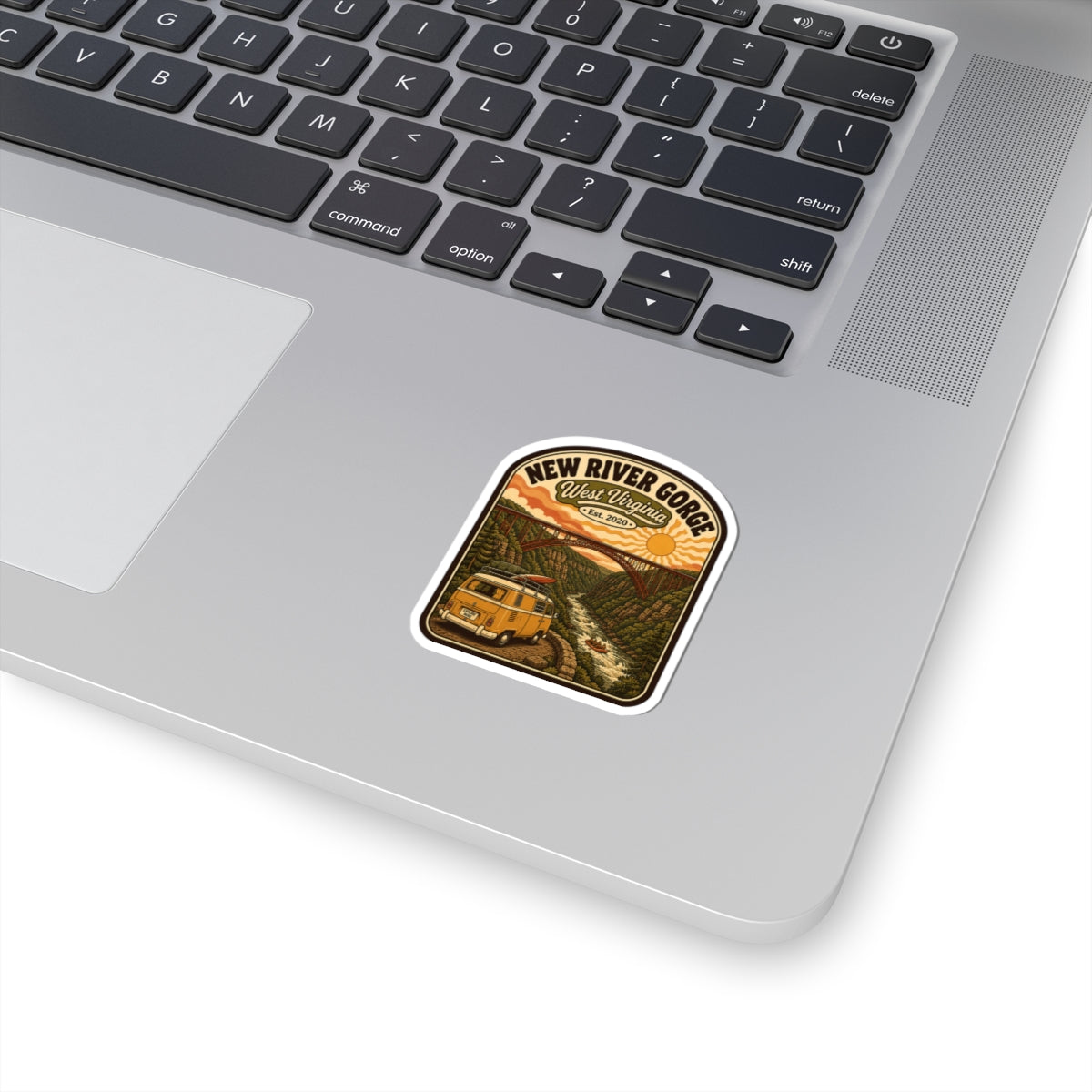 Square kiss-cut sticker with New River Gorge logo and camper van artwork
