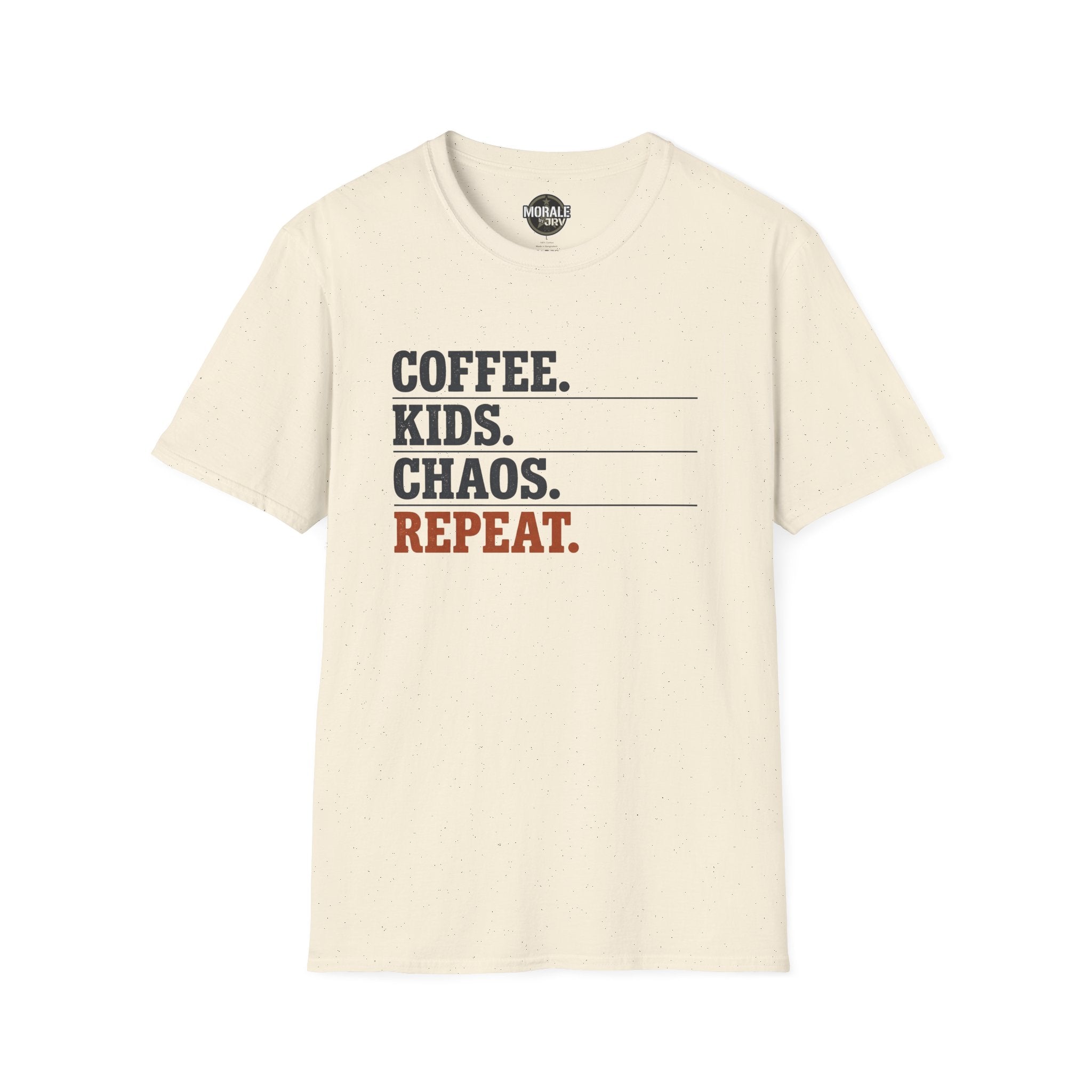 Coffee Kids Chaos Repeat T-Shirt (natural cream) with dark and orange slogan print