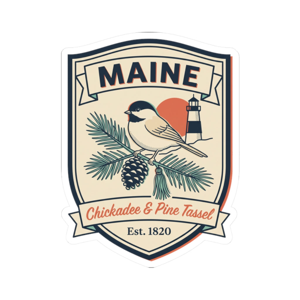 Maine retro travel label sticker with bird and pine cone illustration