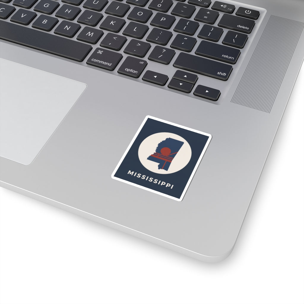 Kiss-cut sticker with Mississippi silhouette and retro sun graphic emblem