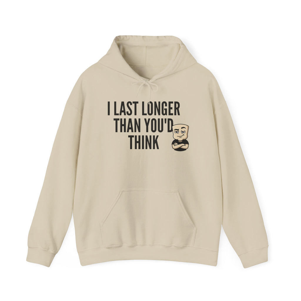 I Last Longer Than You'd Think Hoodie | Funny Adult Humor Beard Guy Graphic Sweatshirt Gift