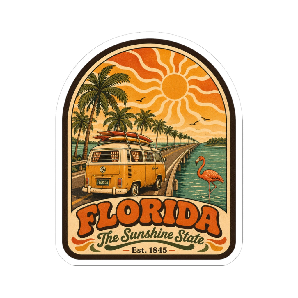 Florida retro surf bus sticker with palm trees, sun rays, flamingo, and “The Sunshine State”