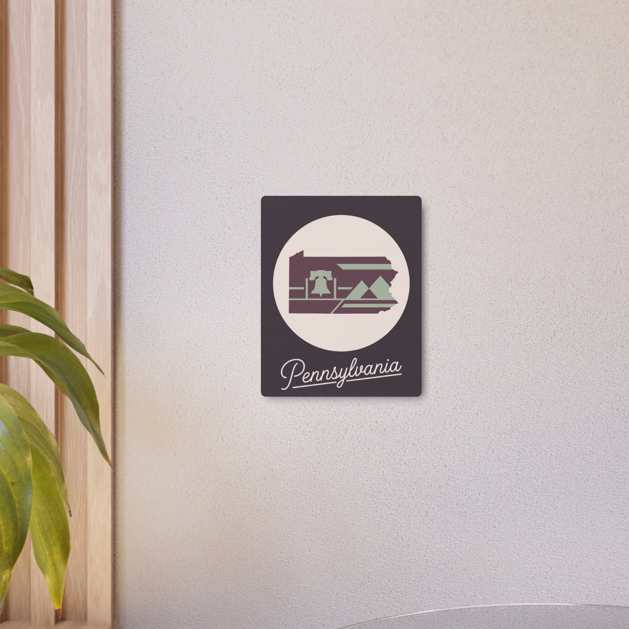 Small mauve Pennsylvania metal wall art square with oval emblem and “Pennsylvania” script