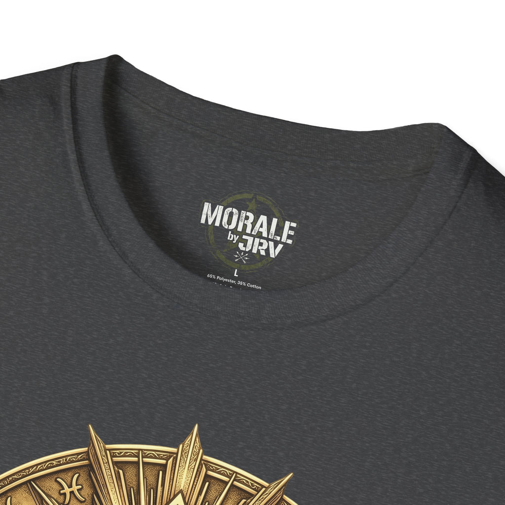 Dark heather T-shirt with crew neck and small brand label at collar