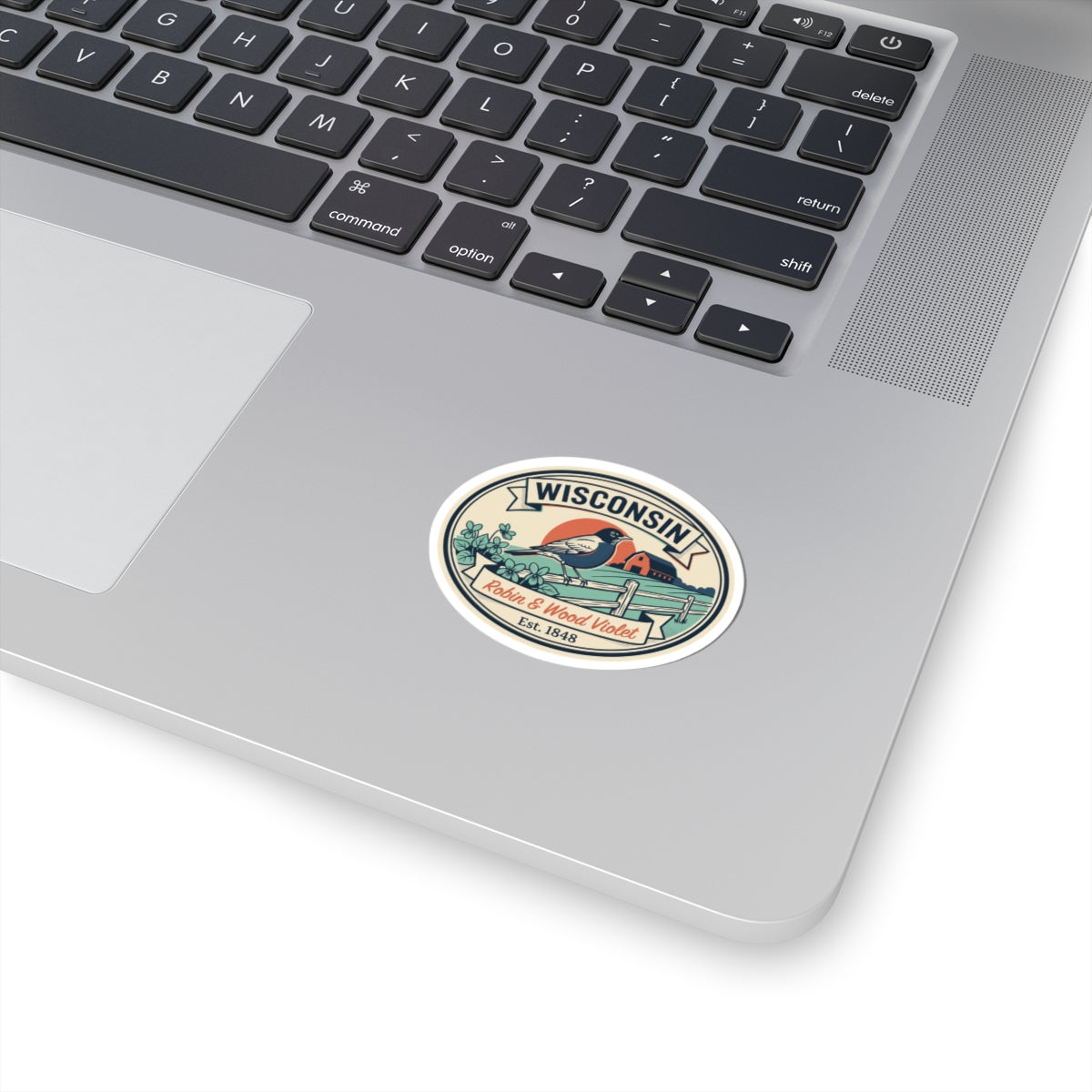 Oval Wisconsin state badge vinyl sticker with bird illustration and decorative border