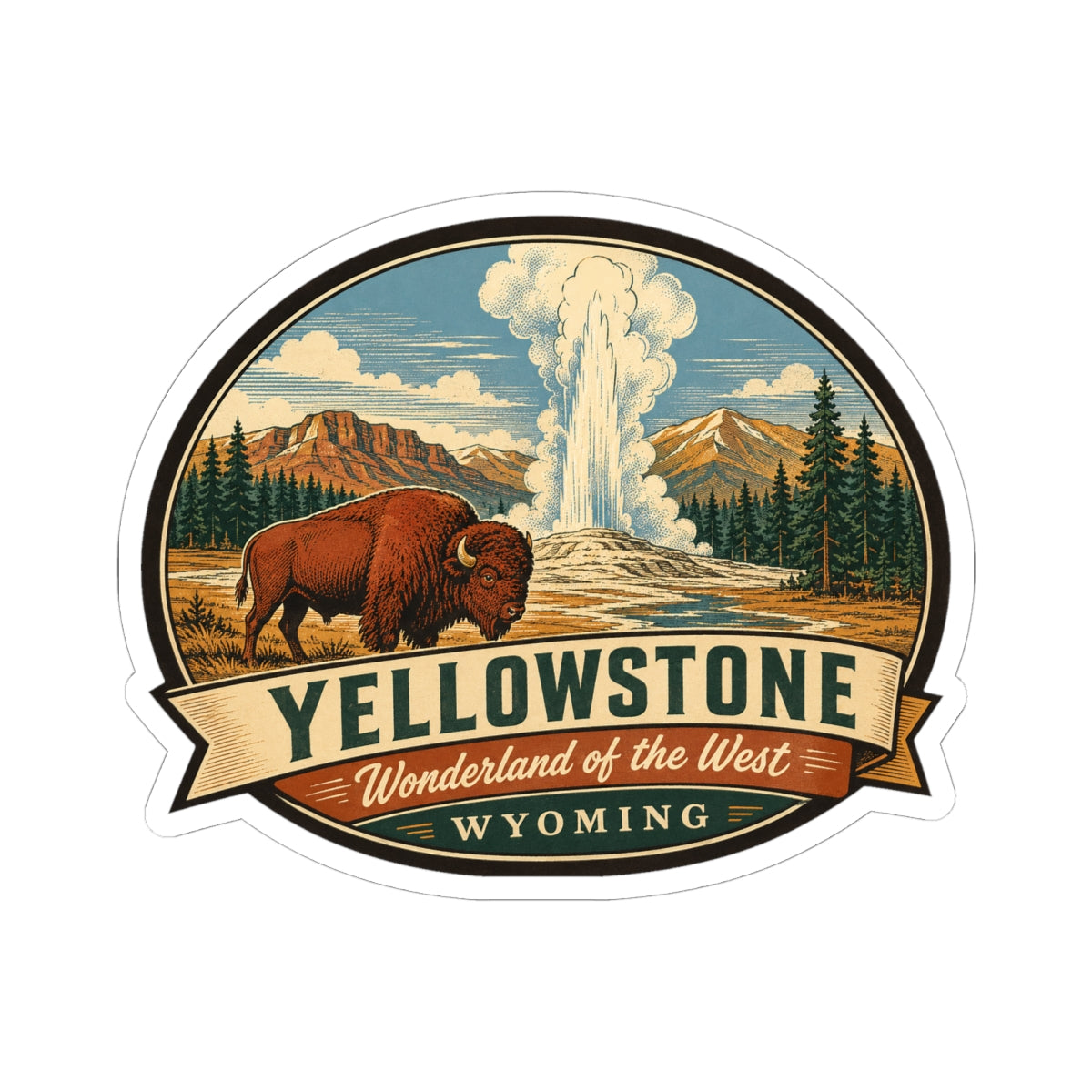 Round Yellowstone sticker with brown bison, blue sky, geyser plume, and Wyoming banner
