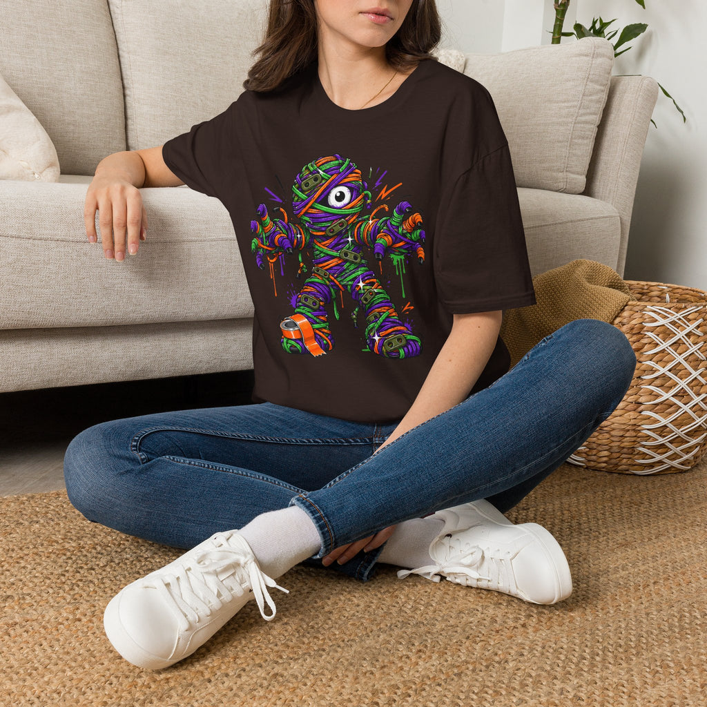 Dark wrapped monster graphic t-shirt worn by model, colorful front design