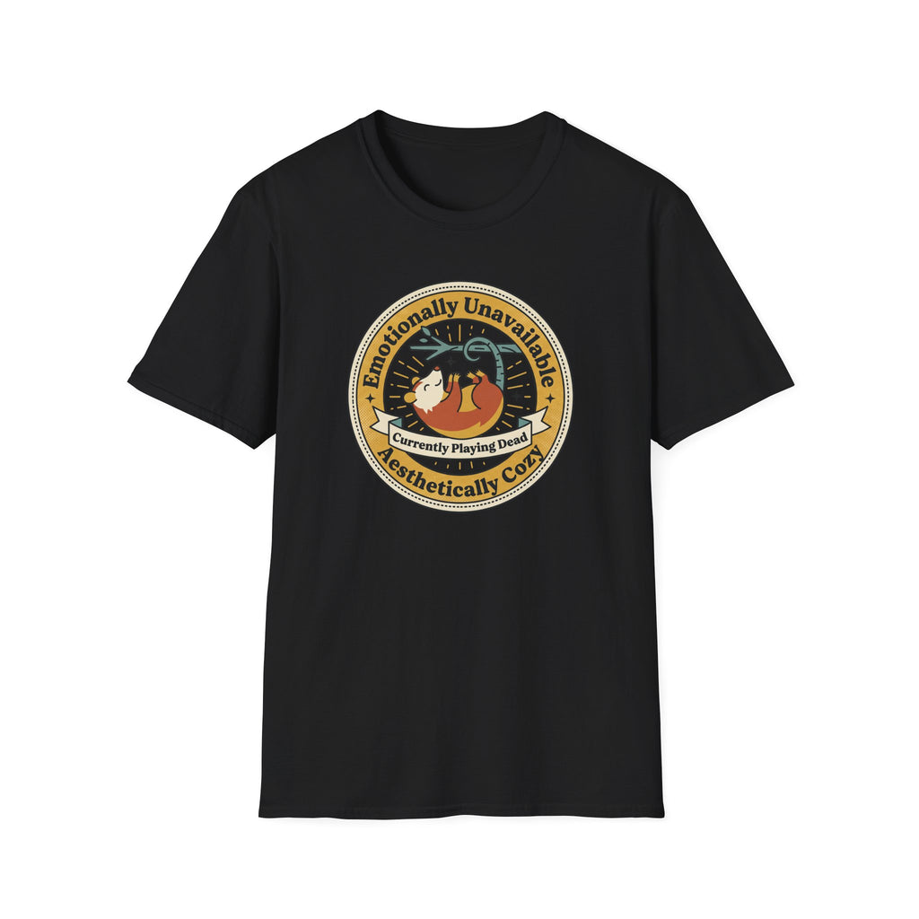 Black T-shirt front featuring round sloth graphic with “Currently Playing Dead” text