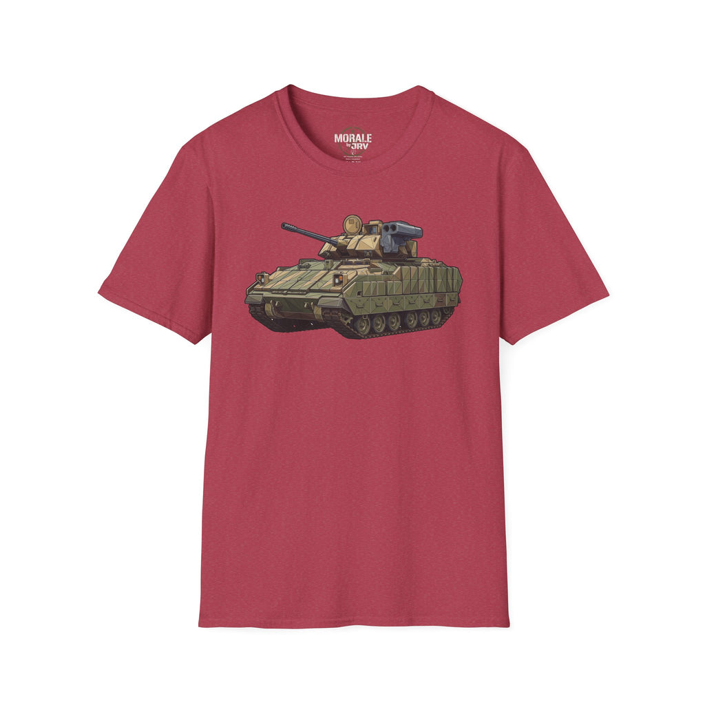 Burgundy tank T-shirt with armored vehicle graphic across chest