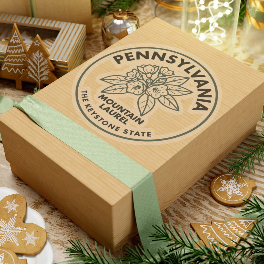 Pennsylvania mountain laurel state sticker on gift box, clear vinyl decal