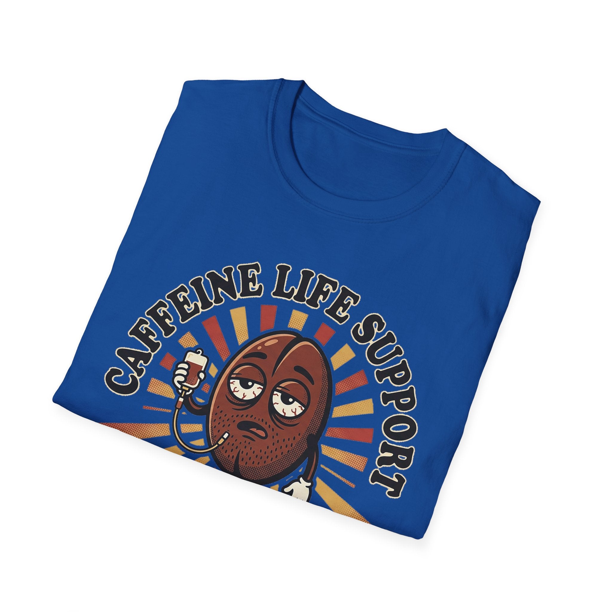 Royalblaues T-Shirt mit Cartoon-Kaffeebohne und Aufdruck „CAFFEINE LIFE SUPPORT 037“