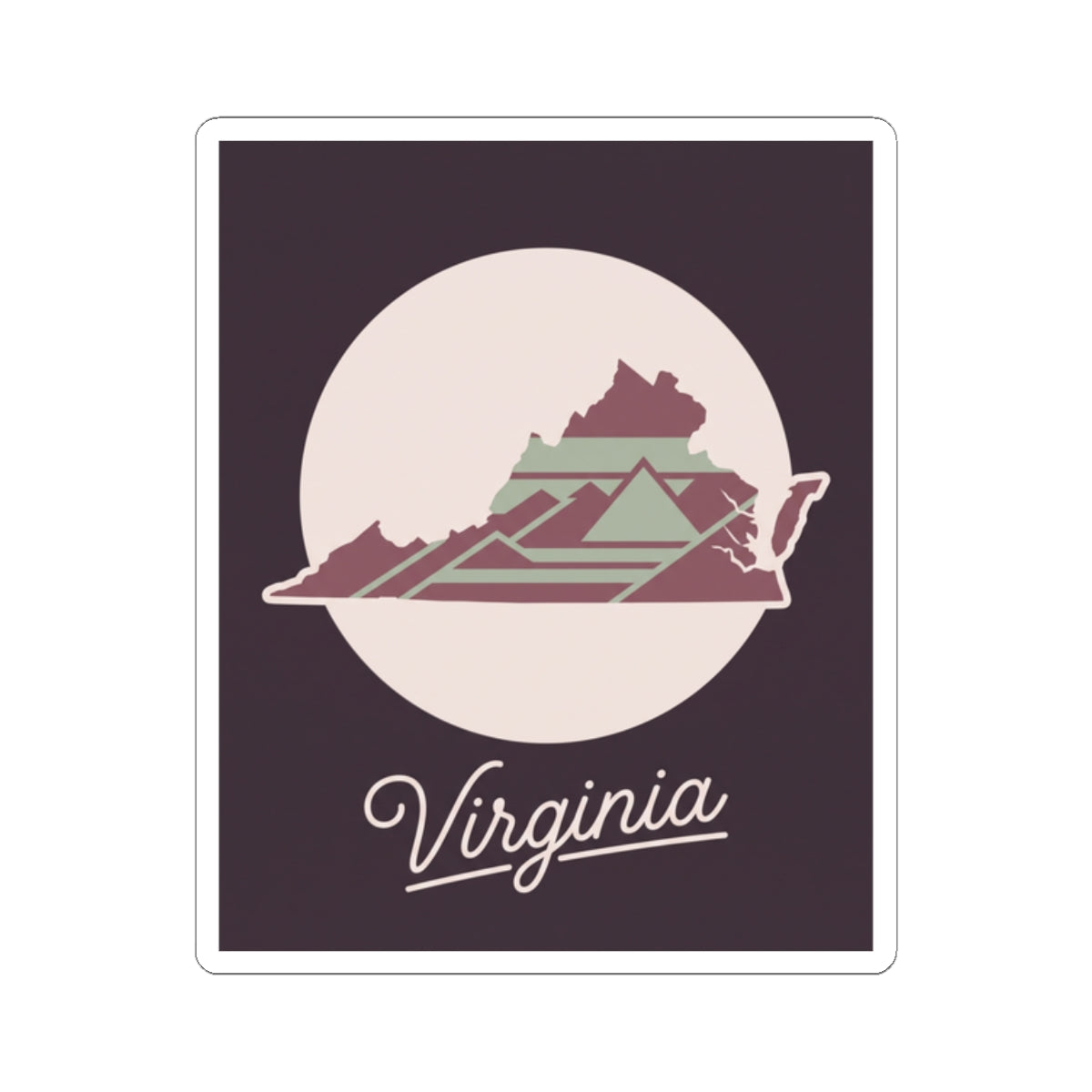 Virginia state outline decal in a circular scene with “Virginia” cursive text