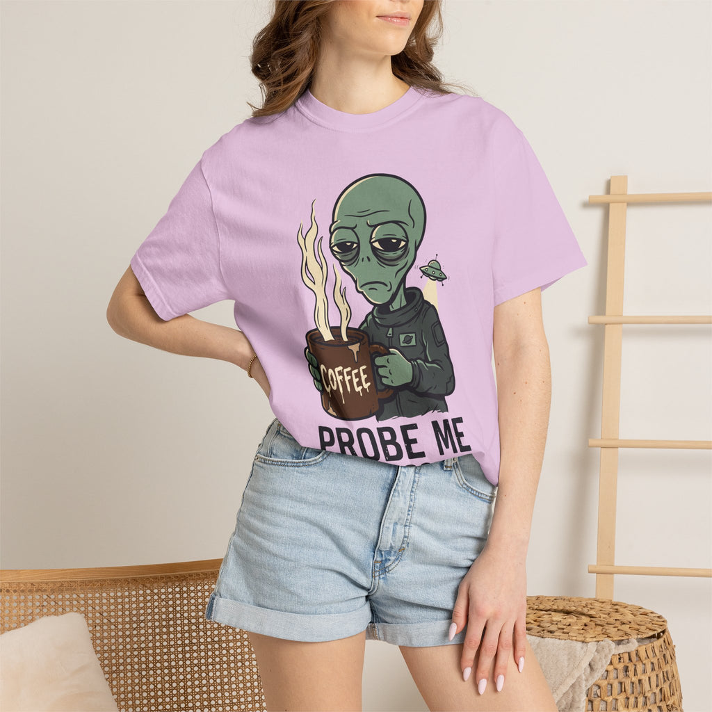 Lavender T-shirt with alien holding coffee graphic and 'PROBE ME' text