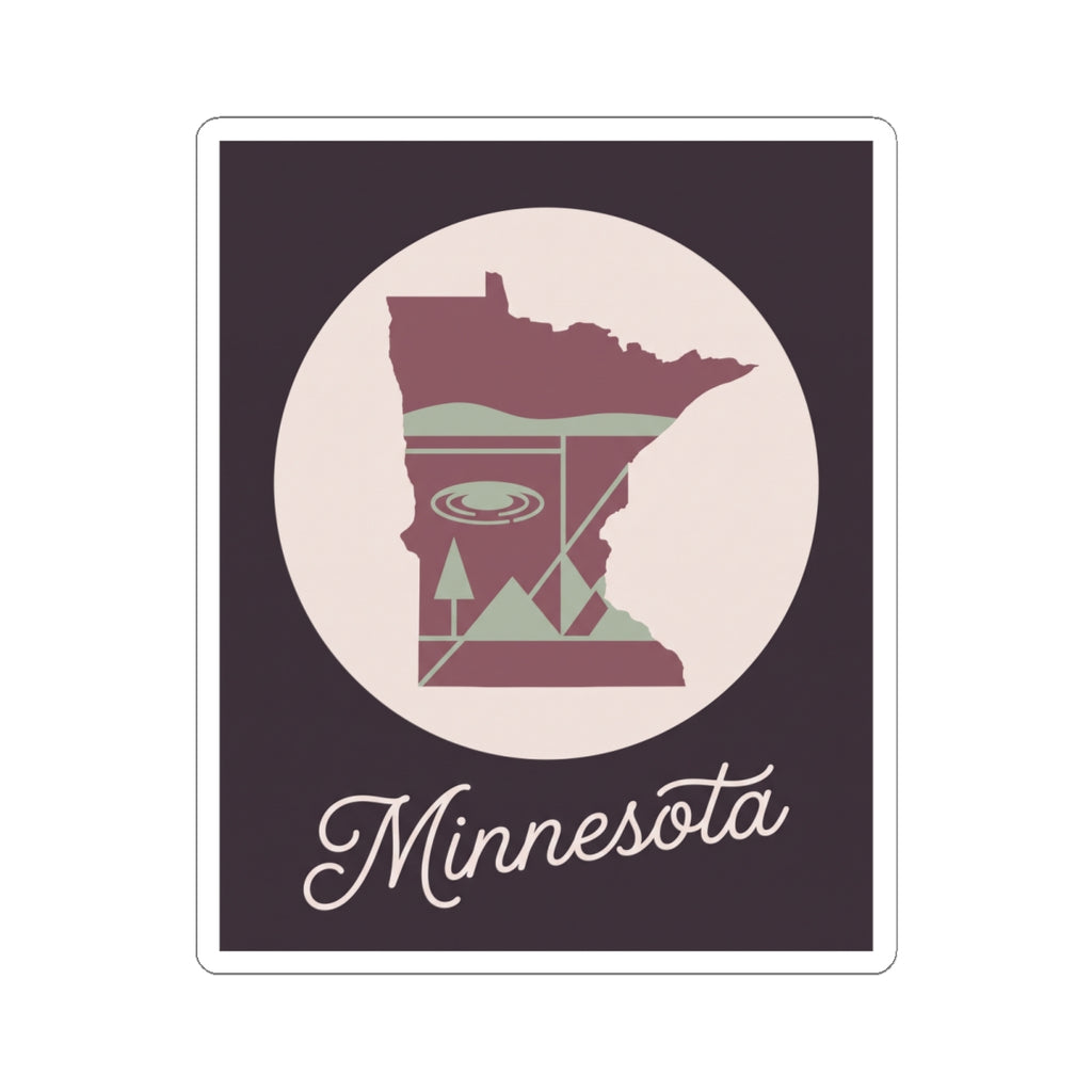 Minnesota silhouette sticker with layered lake, pine, and script “Minnesota”