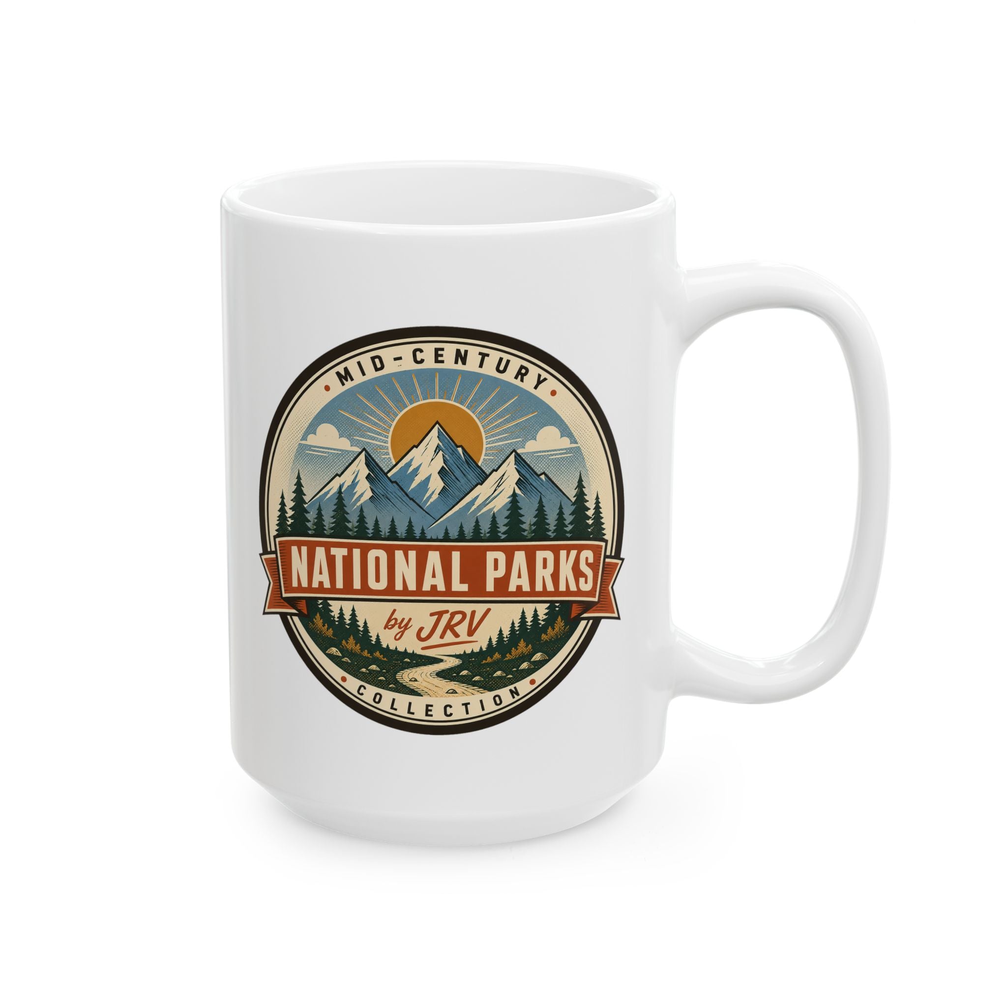 White ceramic mug with National Parks by TRV Collection mountain badge and side handle