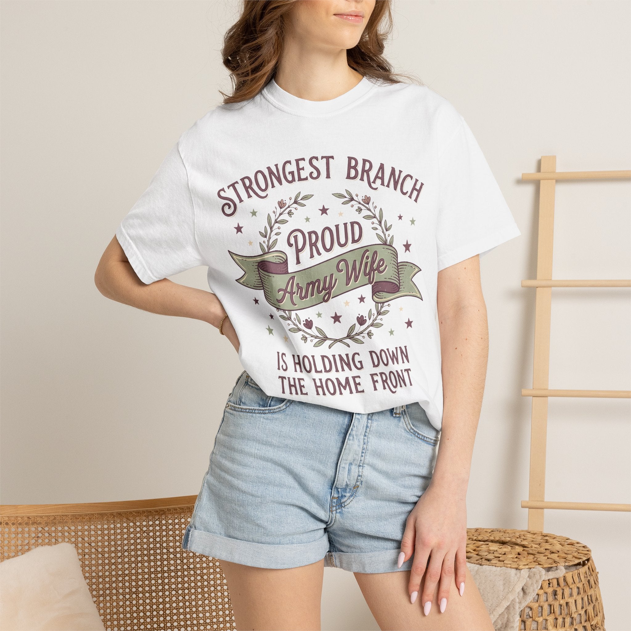 White Proud Army Wife T-shirt with centered “Strongest Branch” front graphic