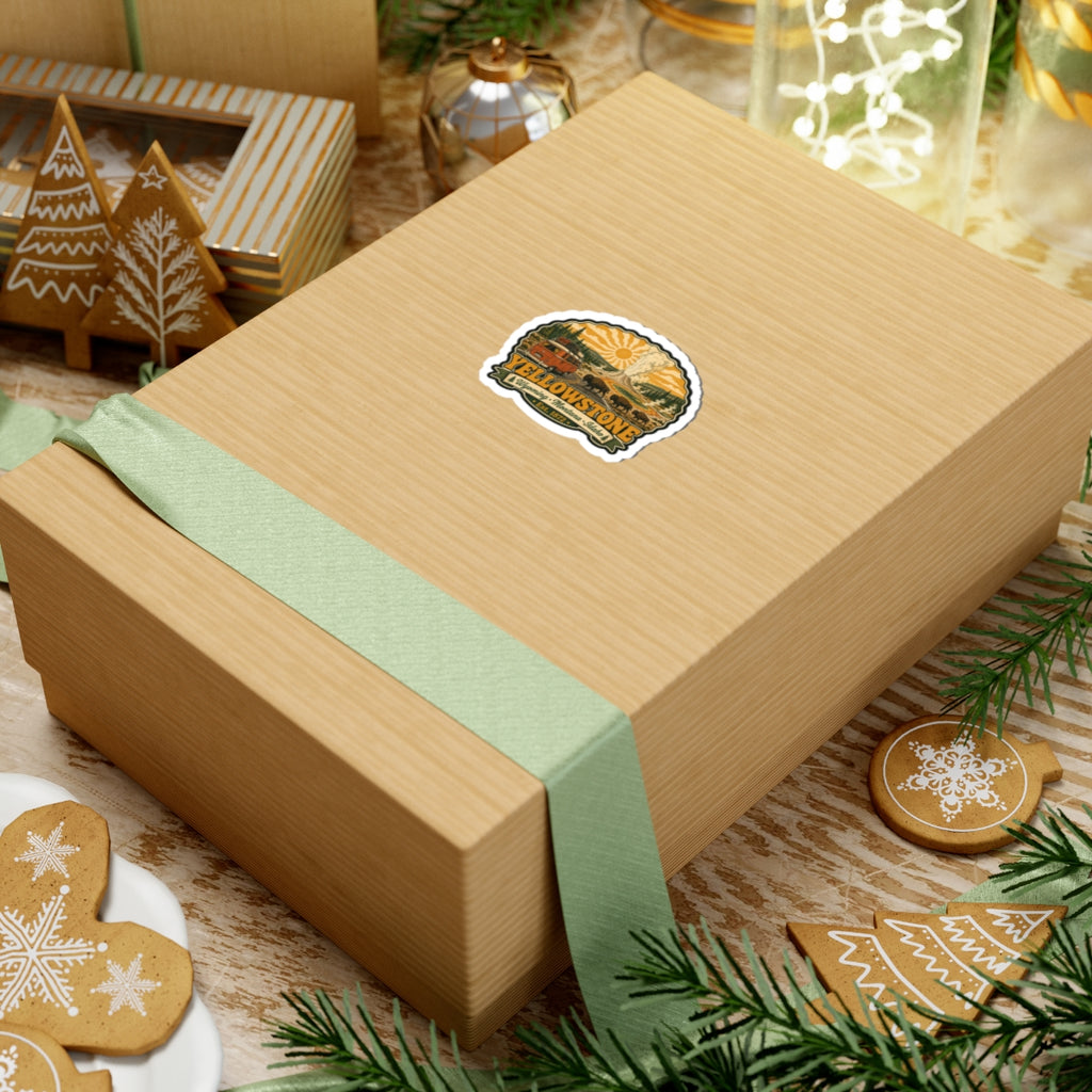Yellowstone bus and bison sticker on wooden gift box, small round white-edged graphic