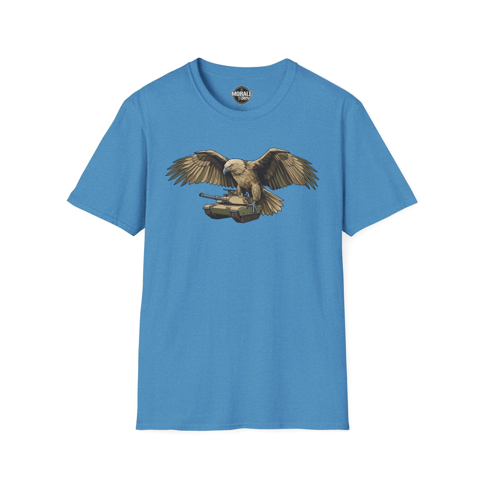 T-shirt with Bald Eagle design on blue fabric, wings spread in realistic artwork