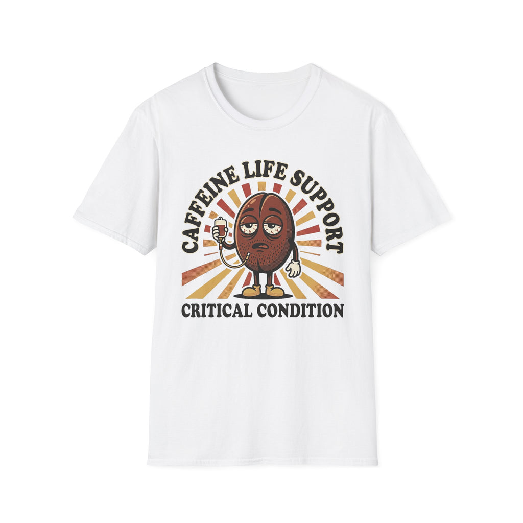 White T-shirt with cartoon coffee bean and “CRITICAL CONDITION” graphic