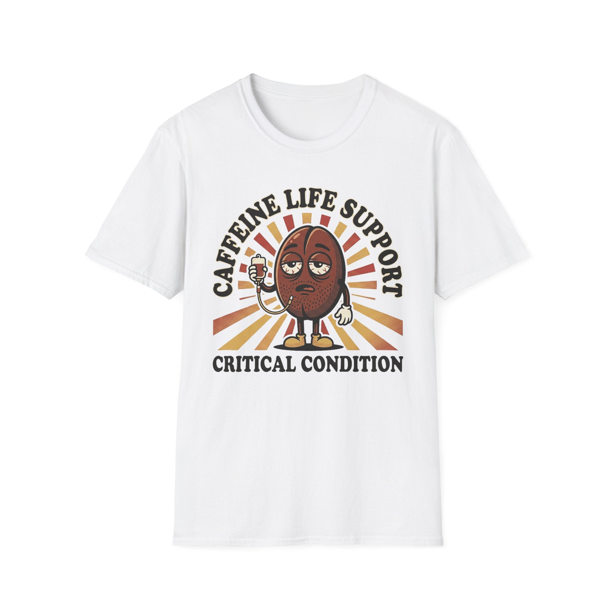 White T-shirt with coffee bean cartoon and “CRITICAL CONDITION” text graphic