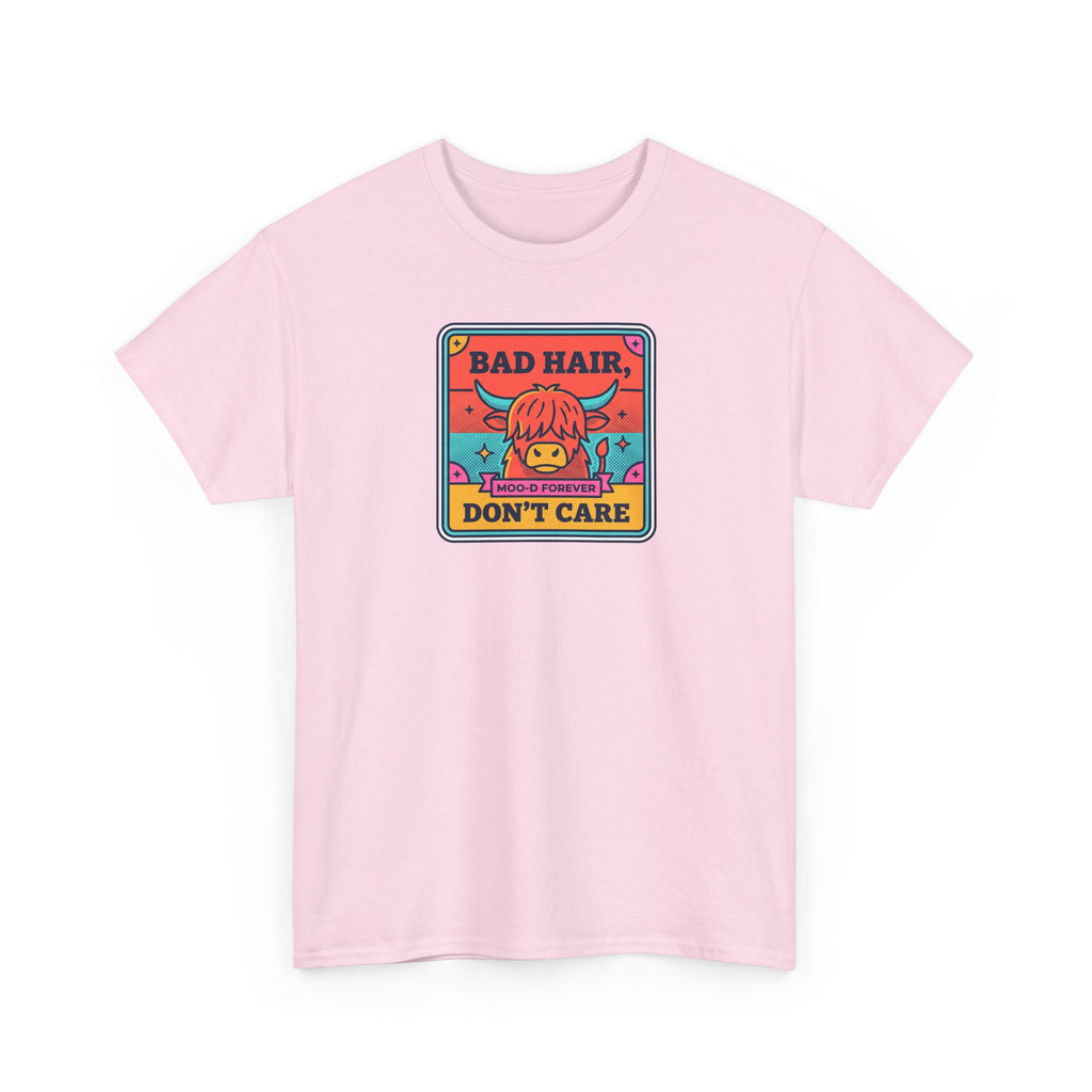 Bad Hair Don't Care T-Shirt | Funny Highland Cow Moo-d Graphic Tee | Cattle Humor Gift