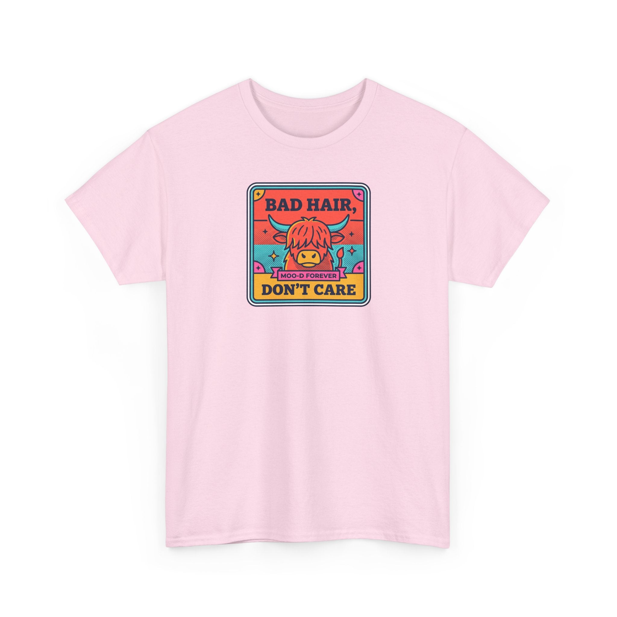 Bad Hair Don't Care T-Shirt | Funny Highland Cow Moo-d Graphic Tee | Cattle Humor Gift