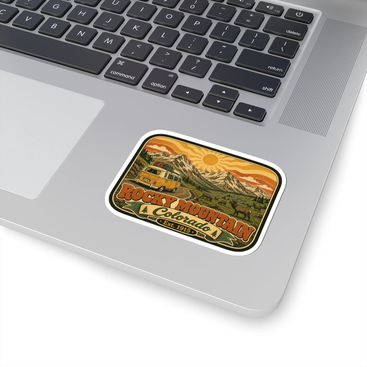 Vintage camper van decal sticker with Rocky Mountain Colorado Est. 1915 text.