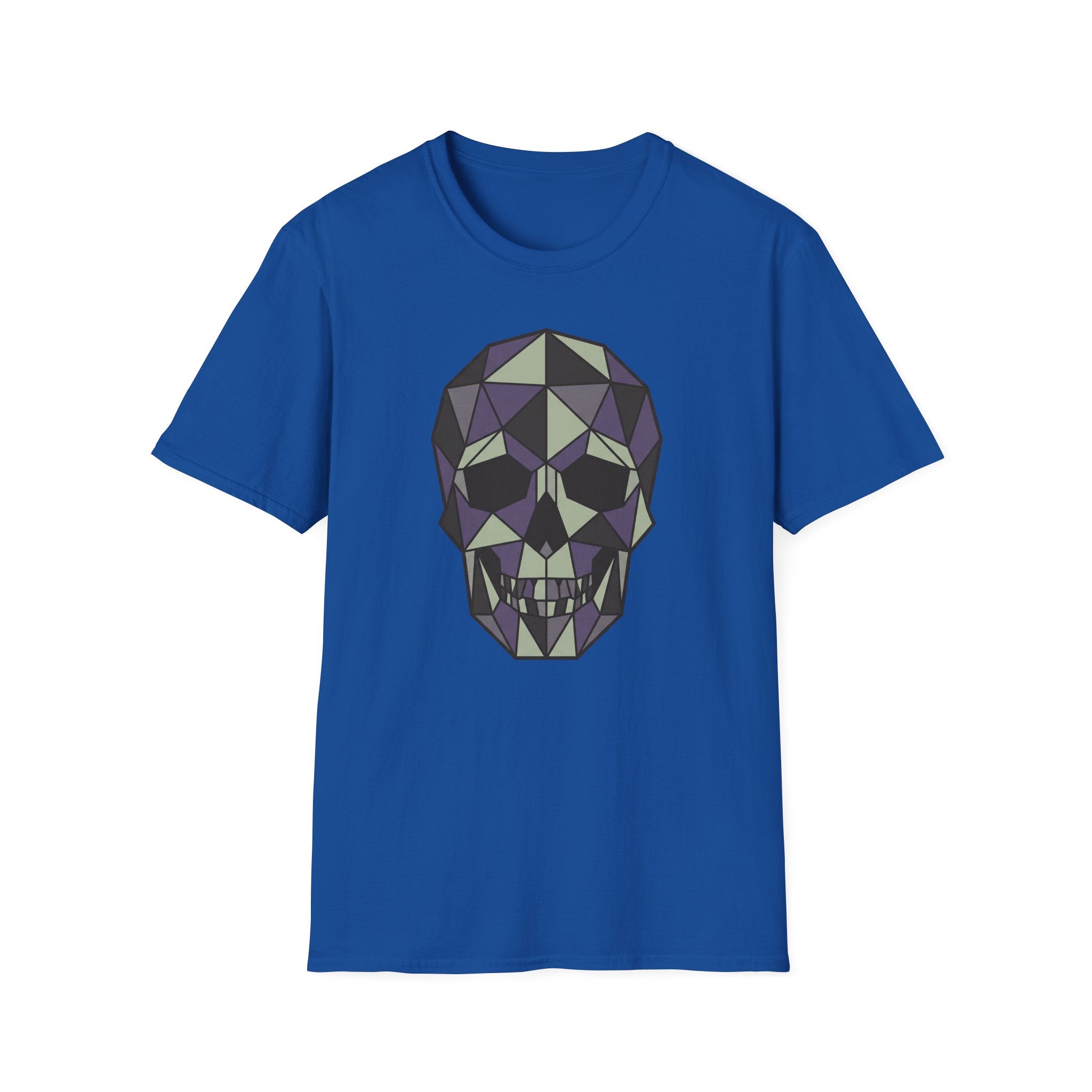 Royal blue T-shirt with purple geometric skull graphic on front